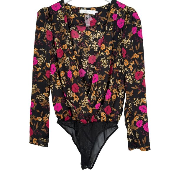 ASTR The Label Floral Bodysuit | Deep V Wrap Front | Long Sleeve Fall Top - Picture 1 of 4